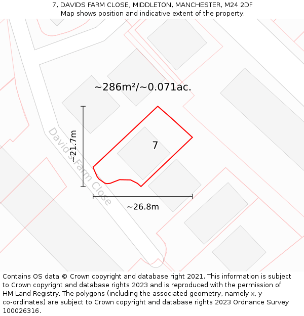 7, DAVIDS FARM CLOSE, MIDDLETON, MANCHESTER, M24 2DF: Plot and title map