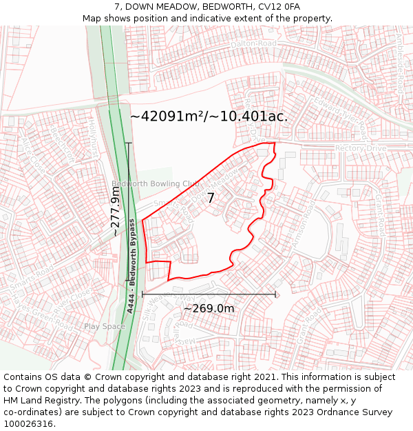 7, DOWN MEADOW, BEDWORTH, CV12 0FA: Plot and title map