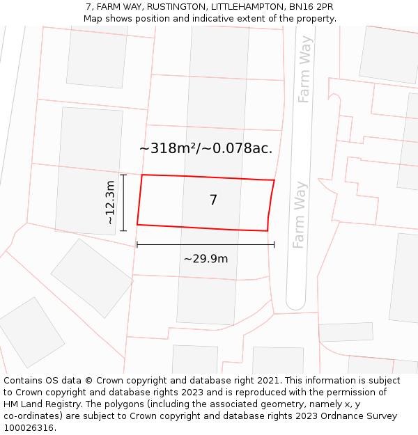 7, FARM WAY, RUSTINGTON, LITTLEHAMPTON, BN16 2PR: Plot and title map