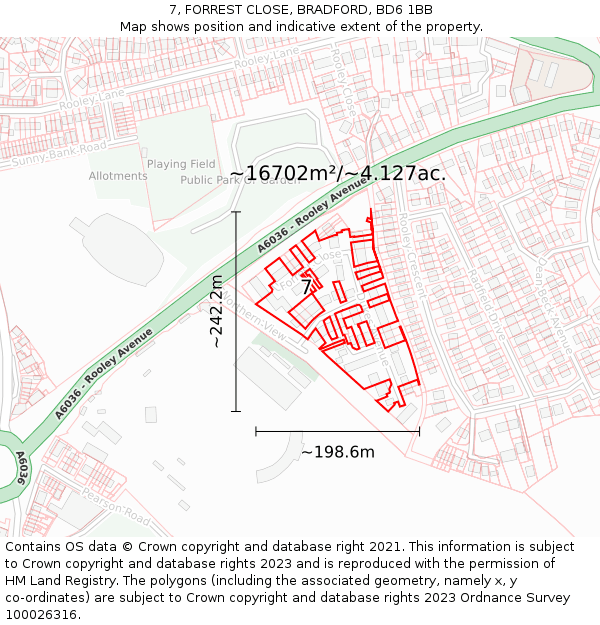7, FORREST CLOSE, BRADFORD, BD6 1BB: Plot and title map