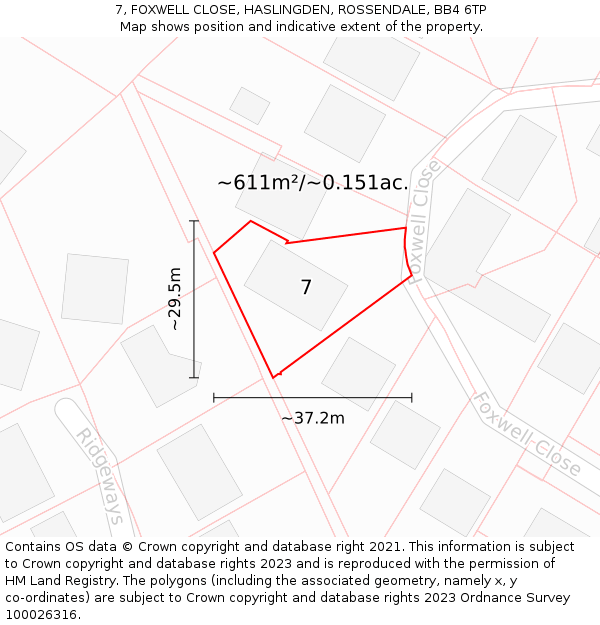 7, FOXWELL CLOSE, HASLINGDEN, ROSSENDALE, BB4 6TP: Plot and title map