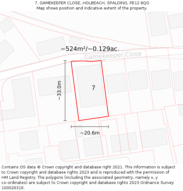 7, GAMEKEEPER CLOSE, HOLBEACH, SPALDING, PE12 8QG: Plot and title map