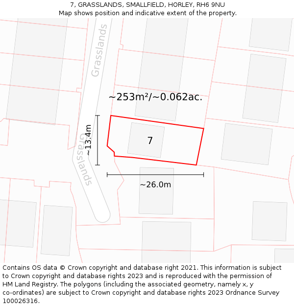 7, GRASSLANDS, SMALLFIELD, HORLEY, RH6 9NU: Plot and title map