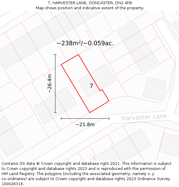 7, HARVESTER LANE, DONCASTER, DN2 4FB: Plot and title map