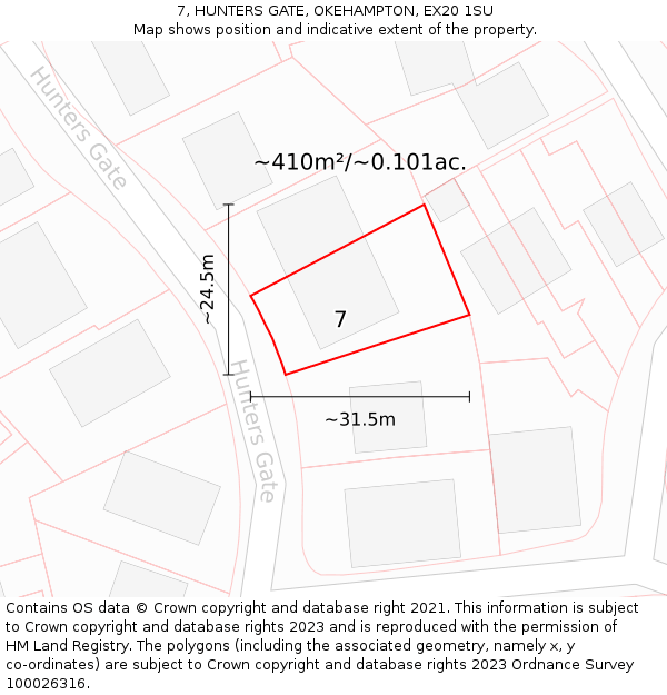 7, HUNTERS GATE, OKEHAMPTON, EX20 1SU: Plot and title map
