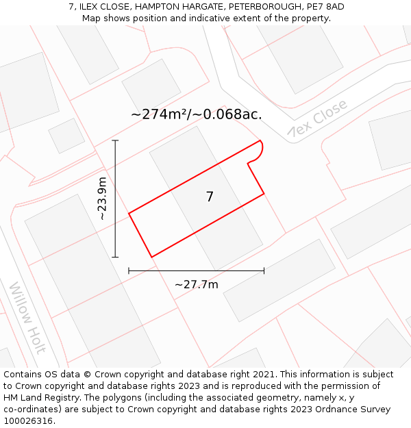 7, ILEX CLOSE, HAMPTON HARGATE, PETERBOROUGH, PE7 8AD: Plot and title map
