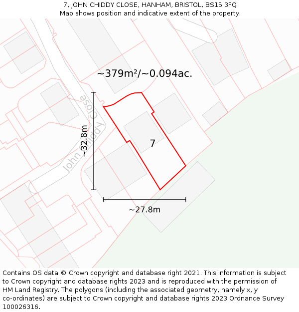 7, JOHN CHIDDY CLOSE, HANHAM, BRISTOL, BS15 3FQ: Plot and title map
