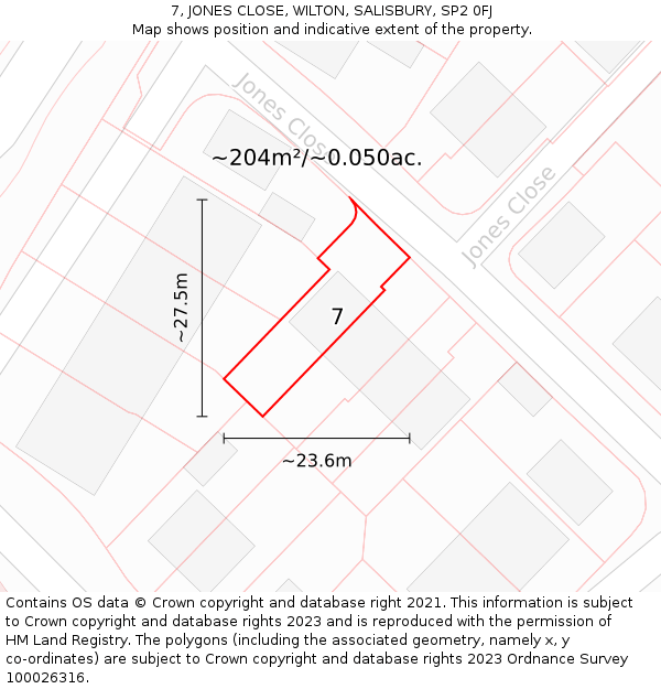 7, JONES CLOSE, WILTON, SALISBURY, SP2 0FJ: Plot and title map