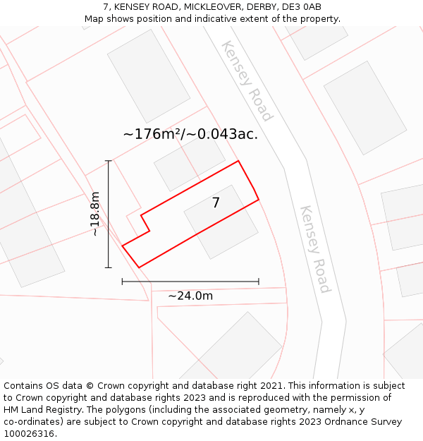 7, KENSEY ROAD, MICKLEOVER, DERBY, DE3 0AB: Plot and title map