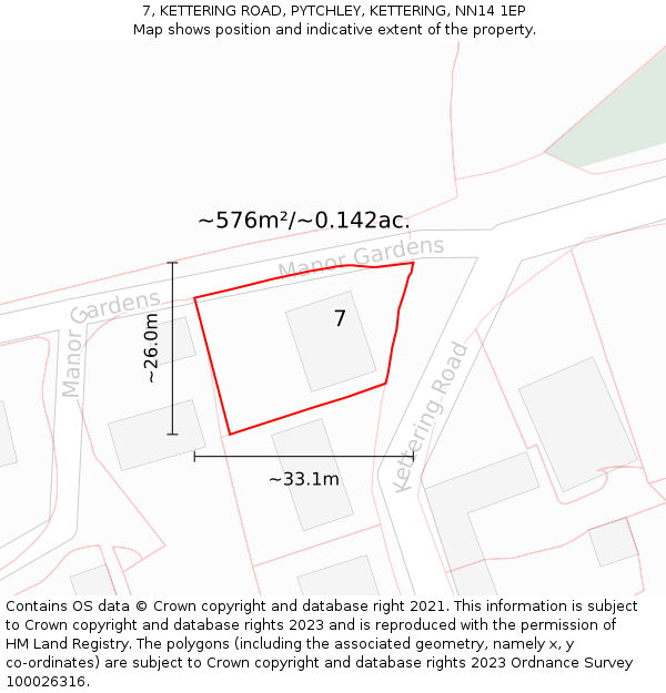 7, KETTERING ROAD, PYTCHLEY, KETTERING, NN14 1EP: Plot and title map