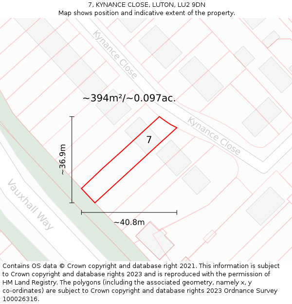 7, KYNANCE CLOSE, LUTON, LU2 9DN: Plot and title map