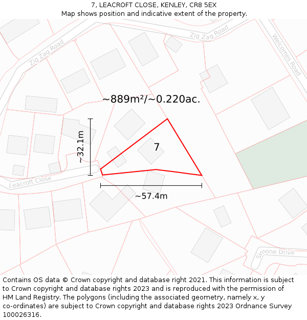 7, LEACROFT CLOSE, KENLEY, CR8 5EX: Plot and title map