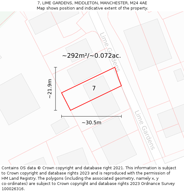 7, LIME GARDENS, MIDDLETON, MANCHESTER, M24 4AE: Plot and title map