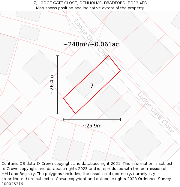 7, LODGE GATE CLOSE, DENHOLME, BRADFORD, BD13 4ED: Plot and title map