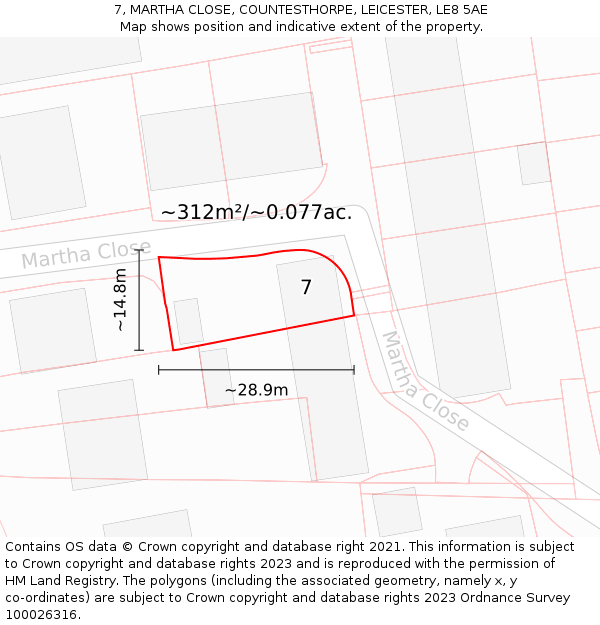 7, MARTHA CLOSE, COUNTESTHORPE, LEICESTER, LE8 5AE: Plot and title map