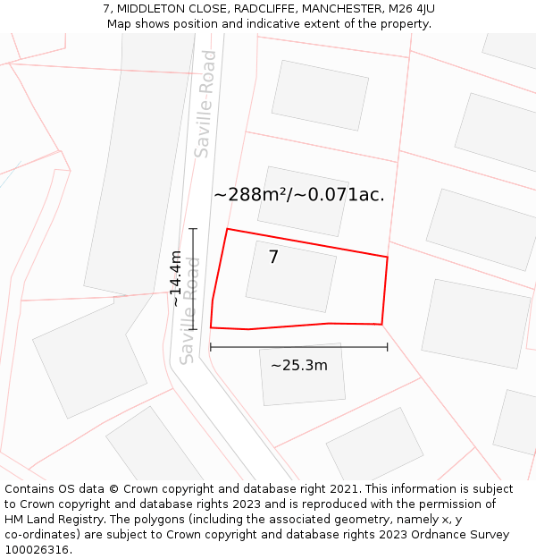 7, MIDDLETON CLOSE, RADCLIFFE, MANCHESTER, M26 4JU: Plot and title map