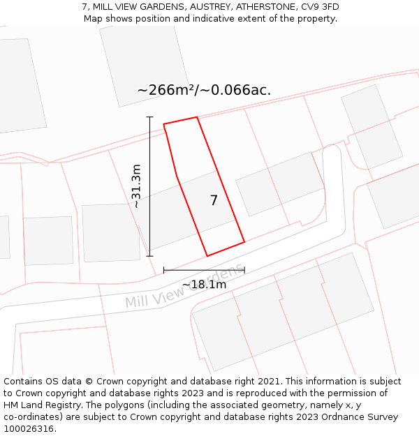7, MILL VIEW GARDENS, AUSTREY, ATHERSTONE, CV9 3FD: Plot and title map