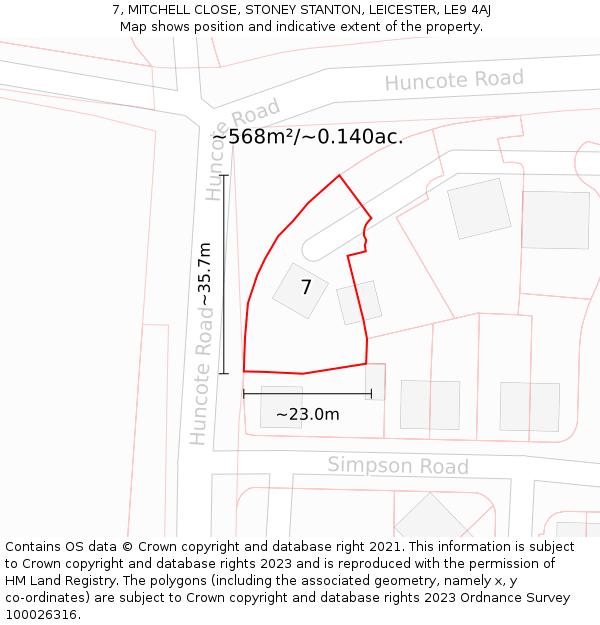 7, MITCHELL CLOSE, STONEY STANTON, LEICESTER, LE9 4AJ: Plot and title map