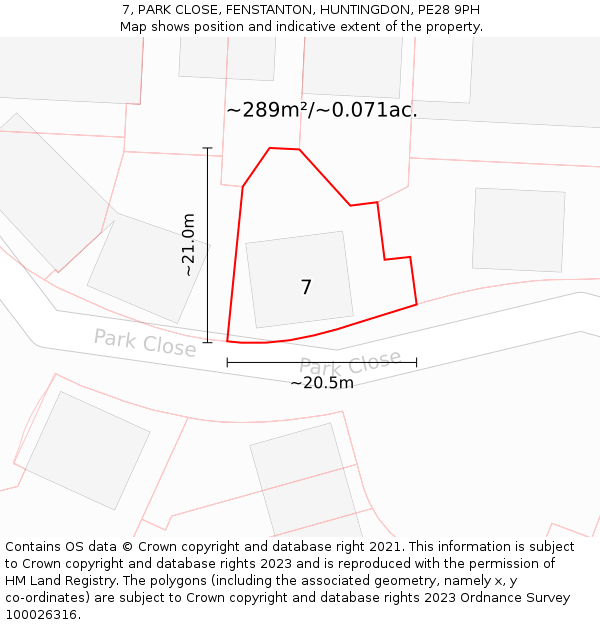7, PARK CLOSE, FENSTANTON, HUNTINGDON, PE28 9PH: Plot and title map
