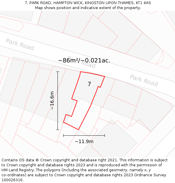 7, PARK ROAD, HAMPTON WICK, KINGSTON UPON THAMES, KT1 4AS: Plot and title map