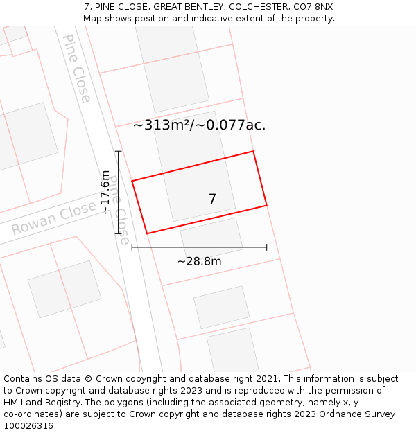 7, PINE CLOSE, GREAT BENTLEY, COLCHESTER, CO7 8NX: Plot and title map
