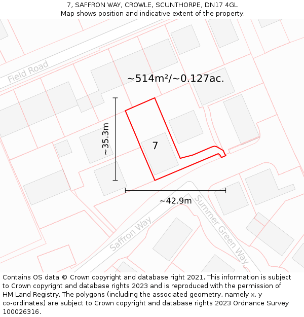 7, SAFFRON WAY, CROWLE, SCUNTHORPE, DN17 4GL: Plot and title map