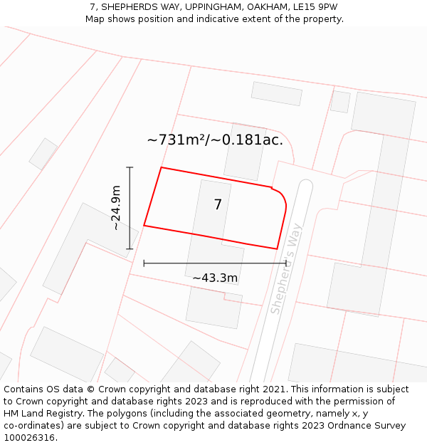 7, SHEPHERDS WAY, UPPINGHAM, OAKHAM, LE15 9PW: Plot and title map