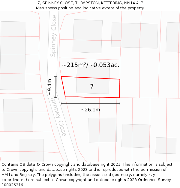 7, SPINNEY CLOSE, THRAPSTON, KETTERING, NN14 4LB: Plot and title map