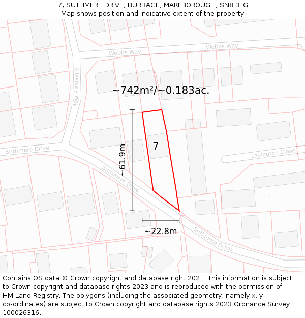 7, SUTHMERE DRIVE, BURBAGE, MARLBOROUGH, SN8 3TG: Plot and title map
