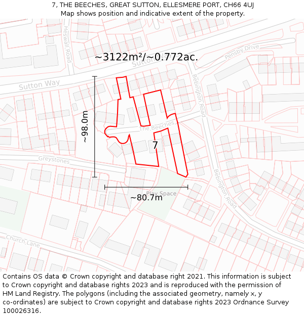 7, THE BEECHES, GREAT SUTTON, ELLESMERE PORT, CH66 4UJ: Plot and title map