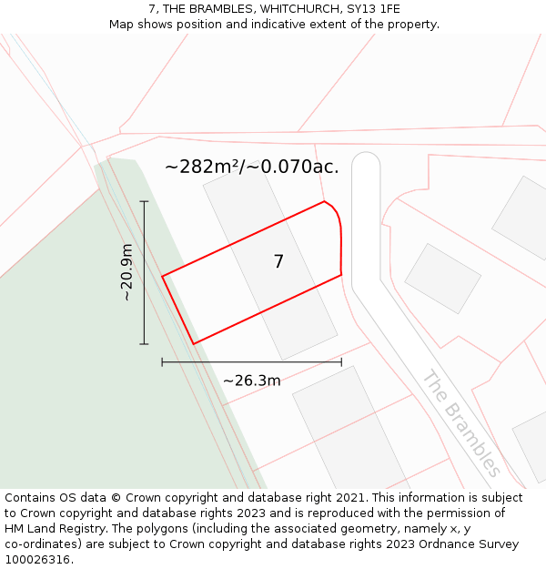 7, THE BRAMBLES, WHITCHURCH, SY13 1FE: Plot and title map