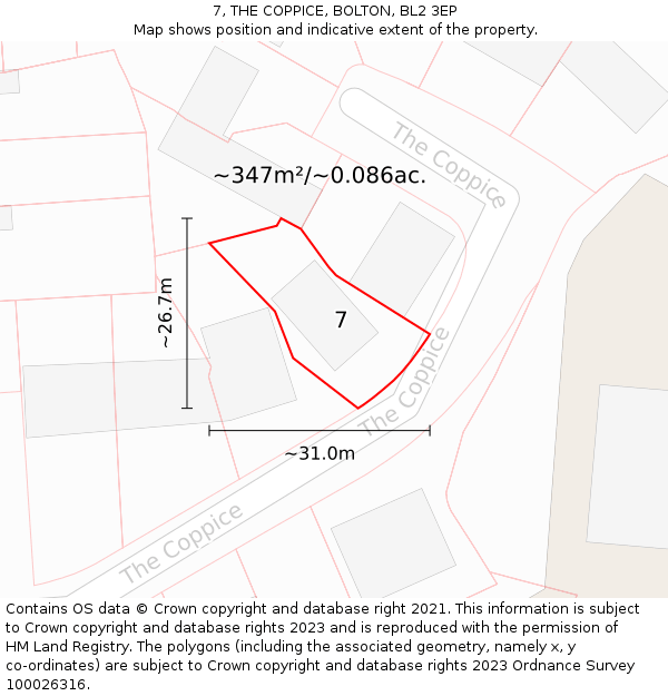 7, THE COPPICE, BOLTON, BL2 3EP: Plot and title map