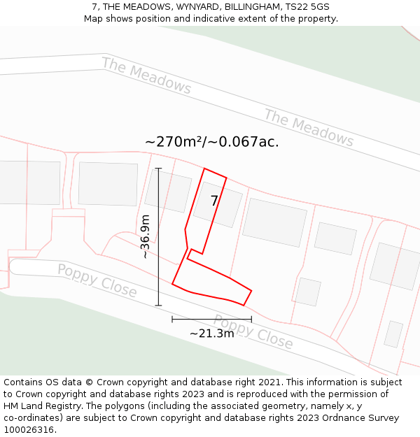 7, THE MEADOWS, WYNYARD, BILLINGHAM, TS22 5GS: Plot and title map