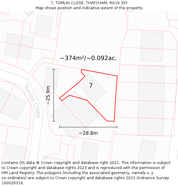 7, TOMLIN CLOSE, THATCHAM, RG19 3XY: Plot and title map