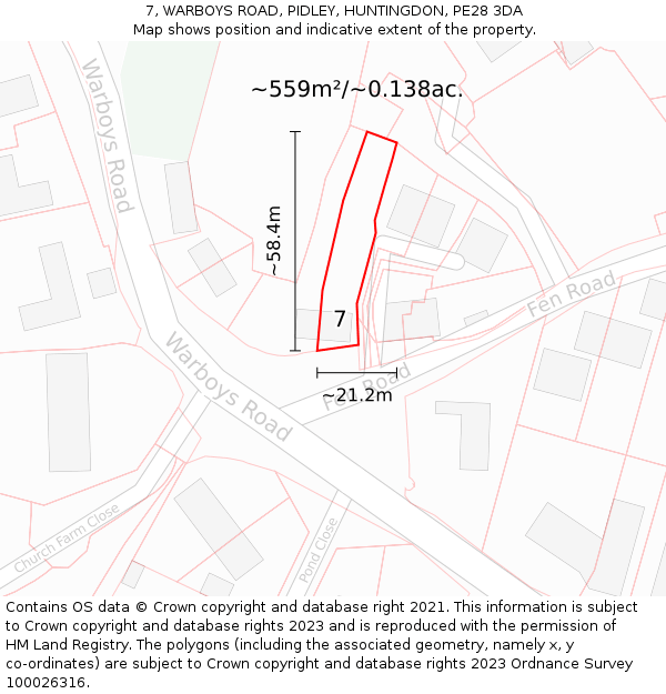 7, WARBOYS ROAD, PIDLEY, HUNTINGDON, PE28 3DA: Plot and title map
