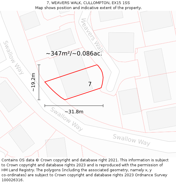 7, WEAVERS WALK, CULLOMPTON, EX15 1SS: Plot and title map