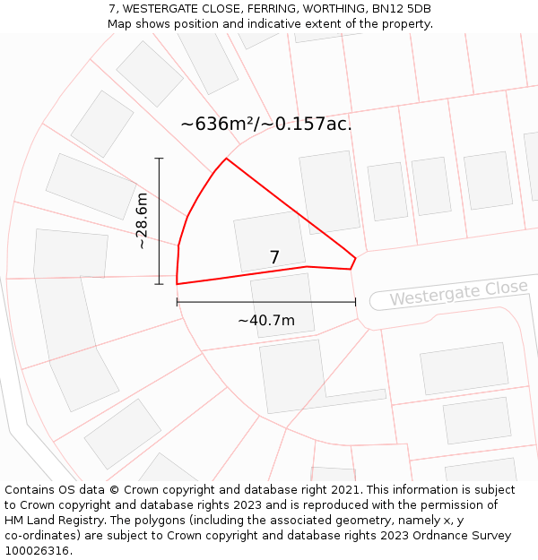 7, WESTERGATE CLOSE, FERRING, WORTHING, BN12 5DB: Plot and title map