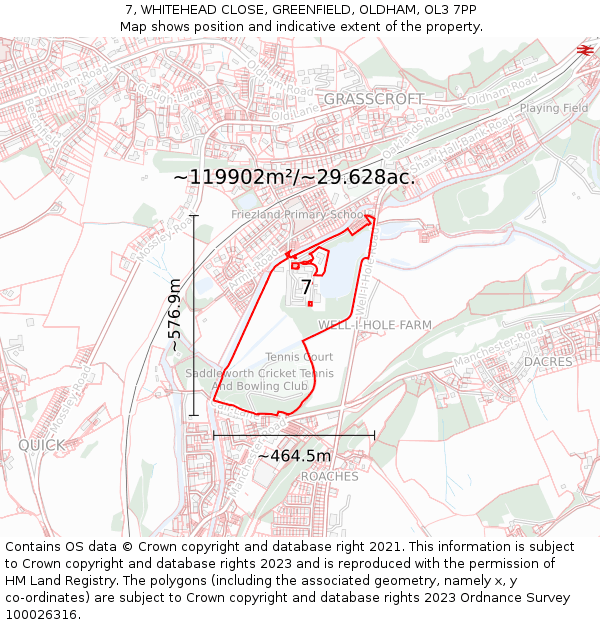 7, WHITEHEAD CLOSE, GREENFIELD, OLDHAM, OL3 7PP: Plot and title map