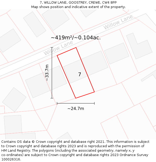 7, WILLOW LANE, GOOSTREY, CREWE, CW4 8PP: Plot and title map