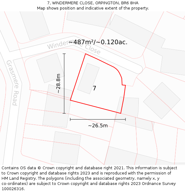 7, WINDERMERE CLOSE, ORPINGTON, BR6 8HA: Plot and title map
