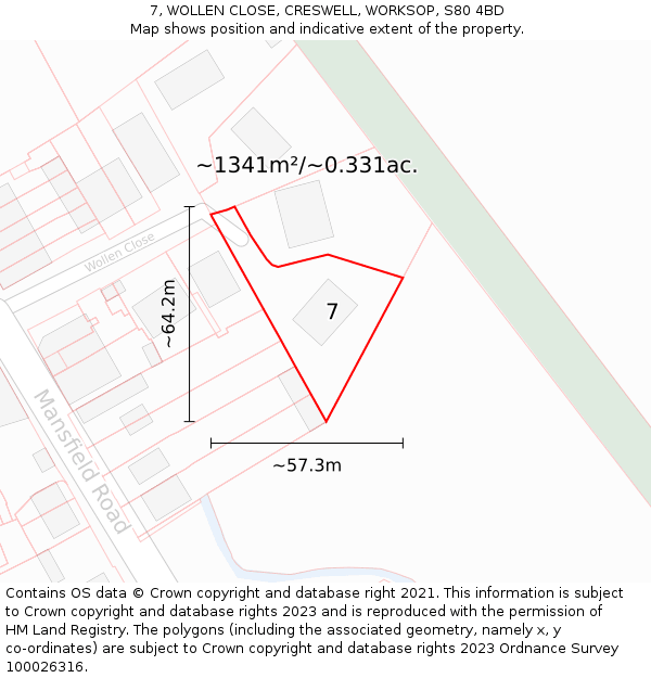 7, WOLLEN CLOSE, CRESWELL, WORKSOP, S80 4BD: Plot and title map