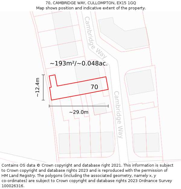 70, CAMBRIDGE WAY, CULLOMPTON, EX15 1GQ: Plot and title map