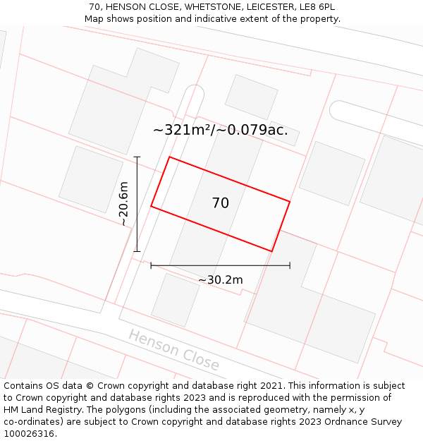 70, HENSON CLOSE, WHETSTONE, LEICESTER, LE8 6PL: Plot and title map