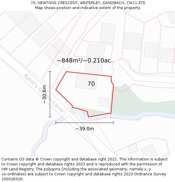 70, NEWTONS CRESCENT, WINTERLEY, SANDBACH, CW11 4TS: Plot and title map