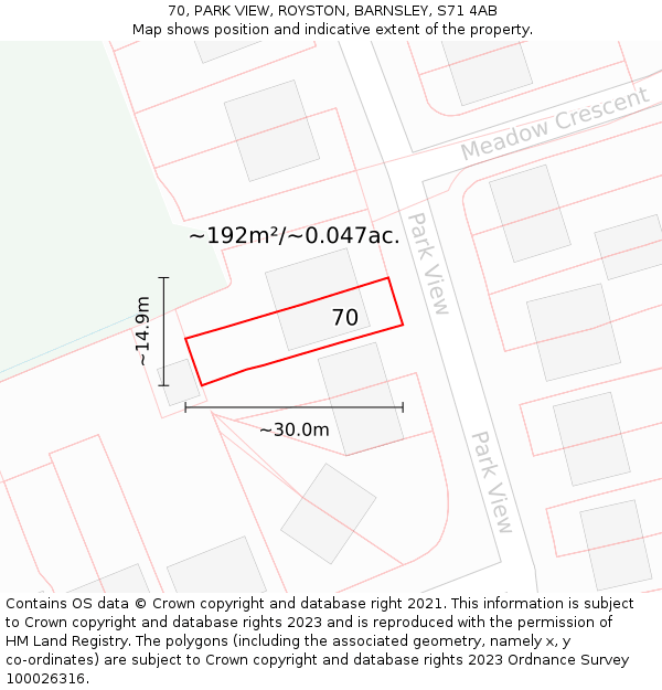 70, PARK VIEW, ROYSTON, BARNSLEY, S71 4AB: Plot and title map