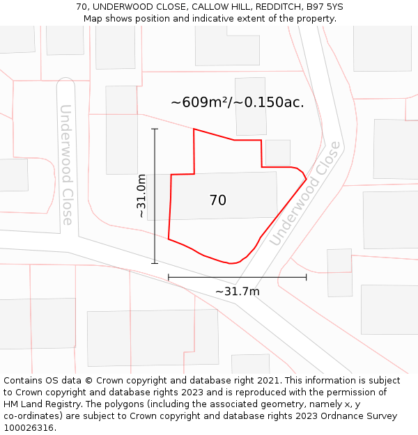 70, UNDERWOOD CLOSE, CALLOW HILL, REDDITCH, B97 5YS: Plot and title map