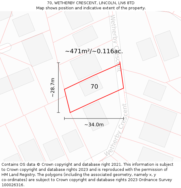70, WETHERBY CRESCENT, LINCOLN, LN6 8TD: Plot and title map