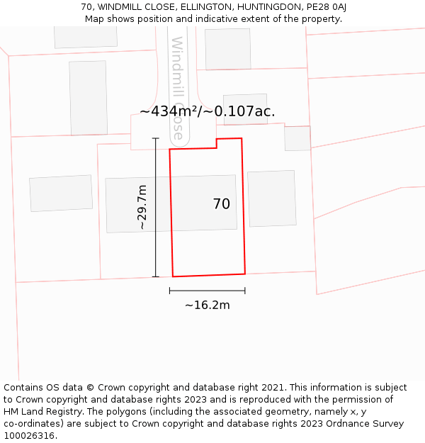 70, WINDMILL CLOSE, ELLINGTON, HUNTINGDON, PE28 0AJ: Plot and title map