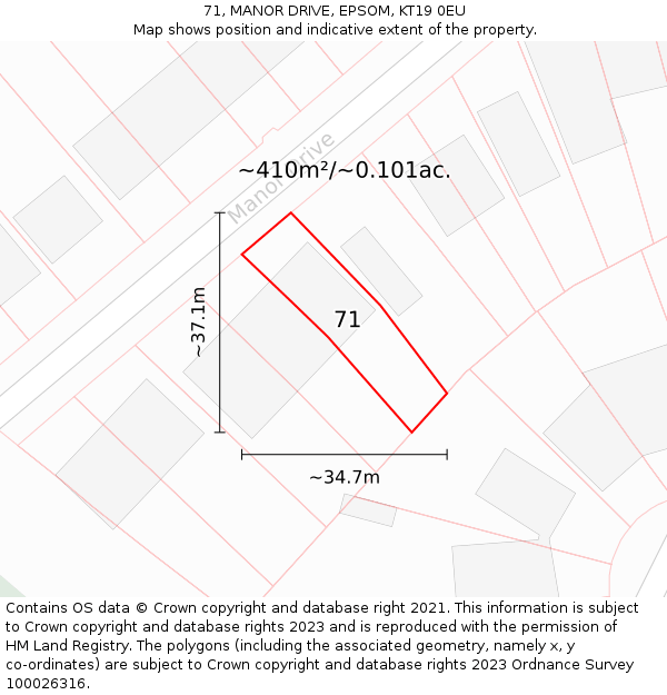 71, MANOR DRIVE, EPSOM, KT19 0EU: Plot and title map