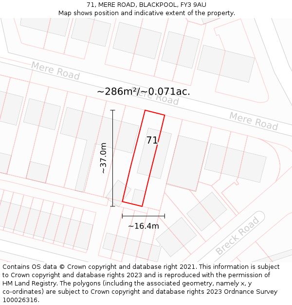 71, MERE ROAD, BLACKPOOL, FY3 9AU: Plot and title map